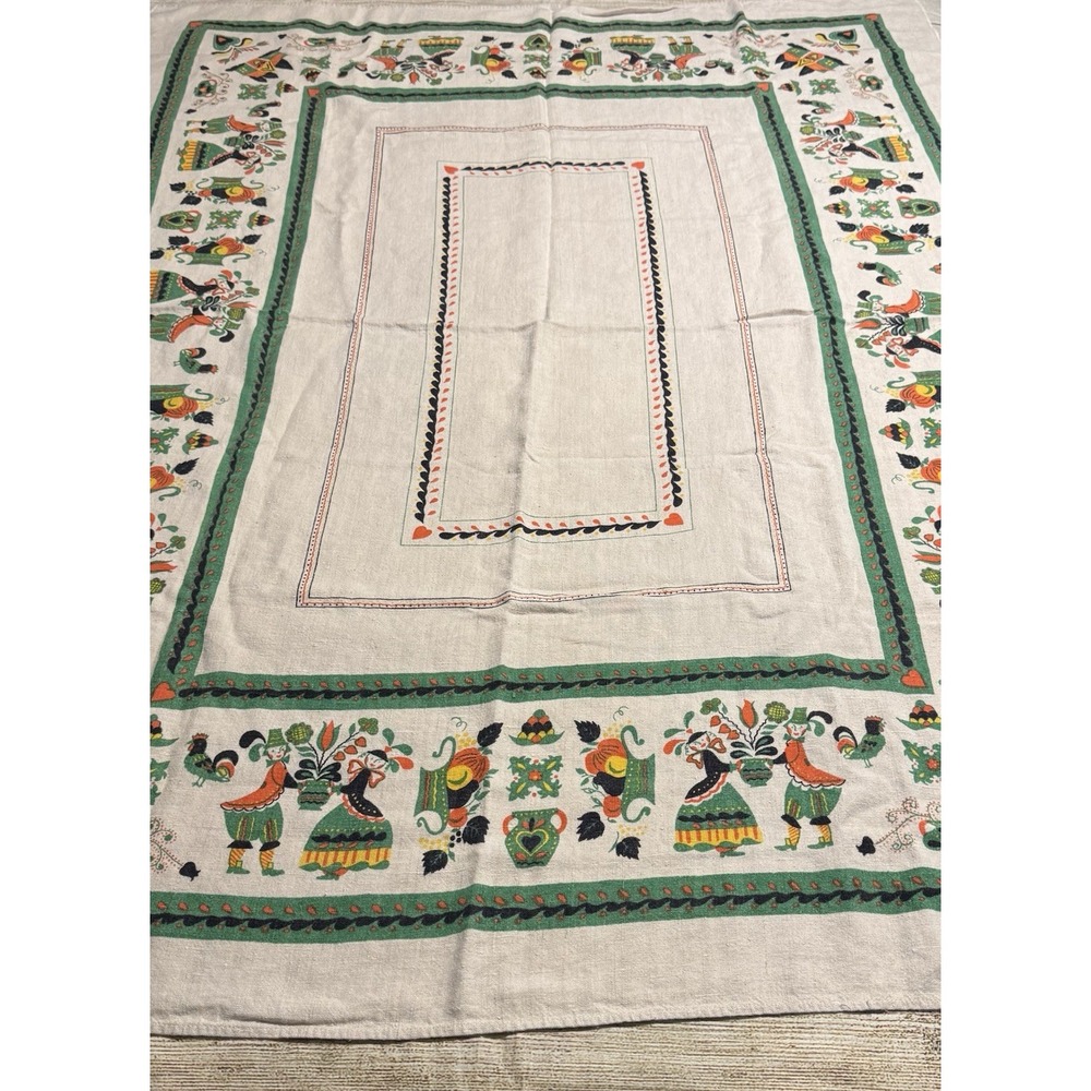 Vtg Parisian Prints Ceramics Dutch Folk Art Linen Tablecloth 48" x 60" GTub14